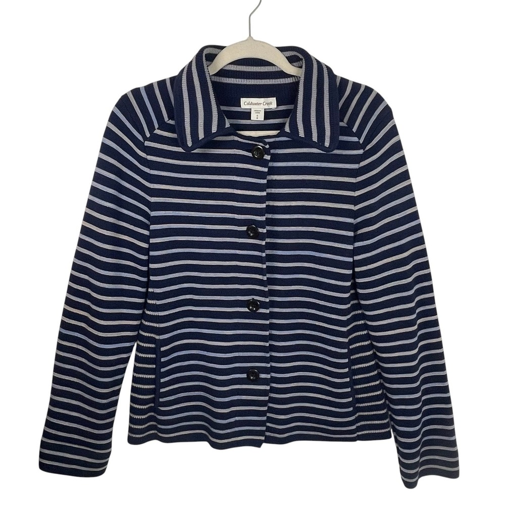 Coldwater Creek‎ Small Navy Blue Stripe Knit Button Front Jacket Cardigan